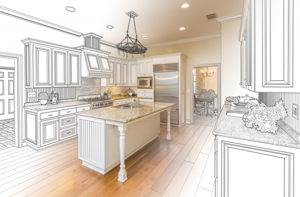 Photo of a home kitchen sketch slowly getting colored in