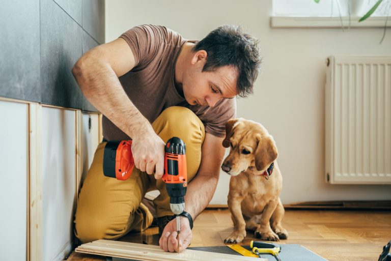 Homeowner renovating a home with is dog looking on.