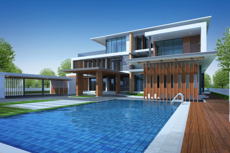 modern backyard pool of a big house