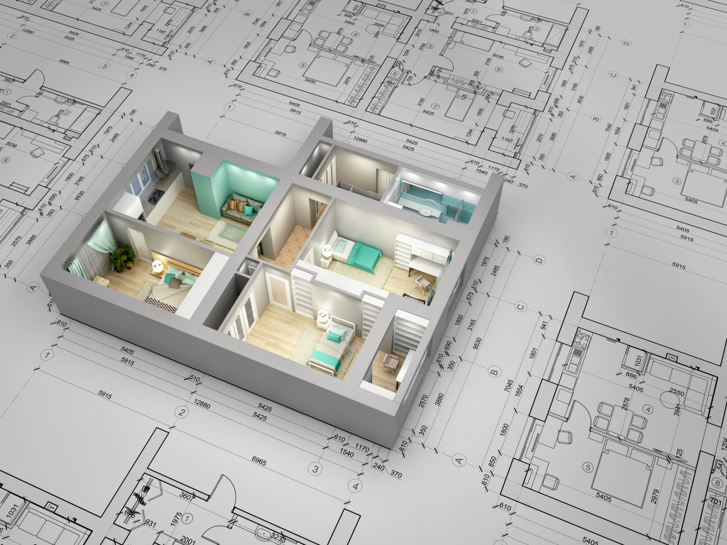 Architectural home sketch with a 3d rendered floor plan